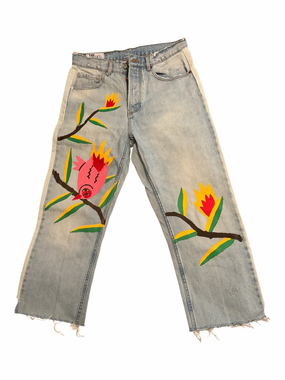 Zara Light Wash Jeans with Hand-Painted Floral Motif in Pink, Yellow & Green